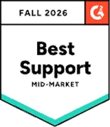 Badge with text 'FALL 2026' at top left, a red square with a white stylized 'G2' logo at top right, and centered black text reading 'Best Support Mid-Market' below.