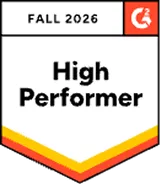 Badge with text 'FALL 2026' at top, 'High Performer' in bold black letters in the center, and a small orange logo in the top right corner.