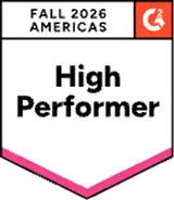 Badge with text 'Fall 2026 Americas' at the top and 'High Performer' in bold black letters below on a white background with a red-orange square containing a white stylized logo in the top right corner.