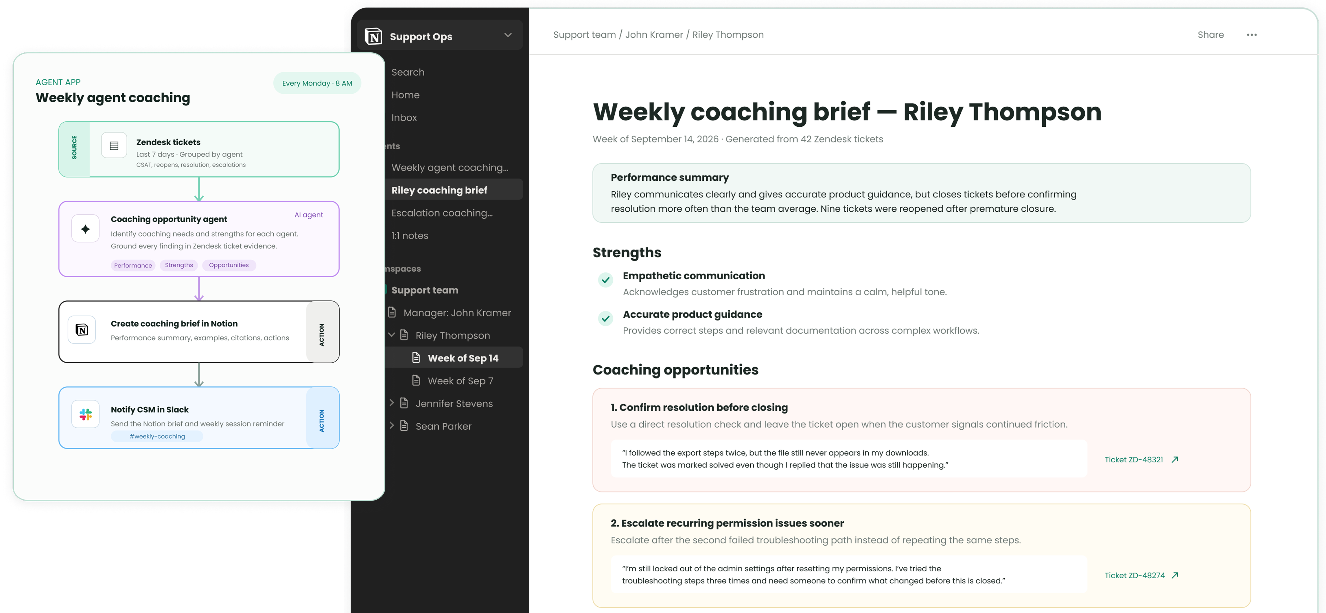 Rippit coaching agent creating a weekly coaching brief for a support agent