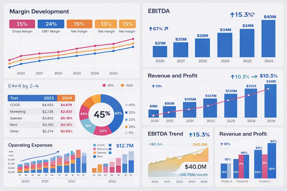 Detailed financial performance dashboard displaying margin development, EBITDA trends, cost breakdowns, segment profitability charts, and multiple bar and line graphs.