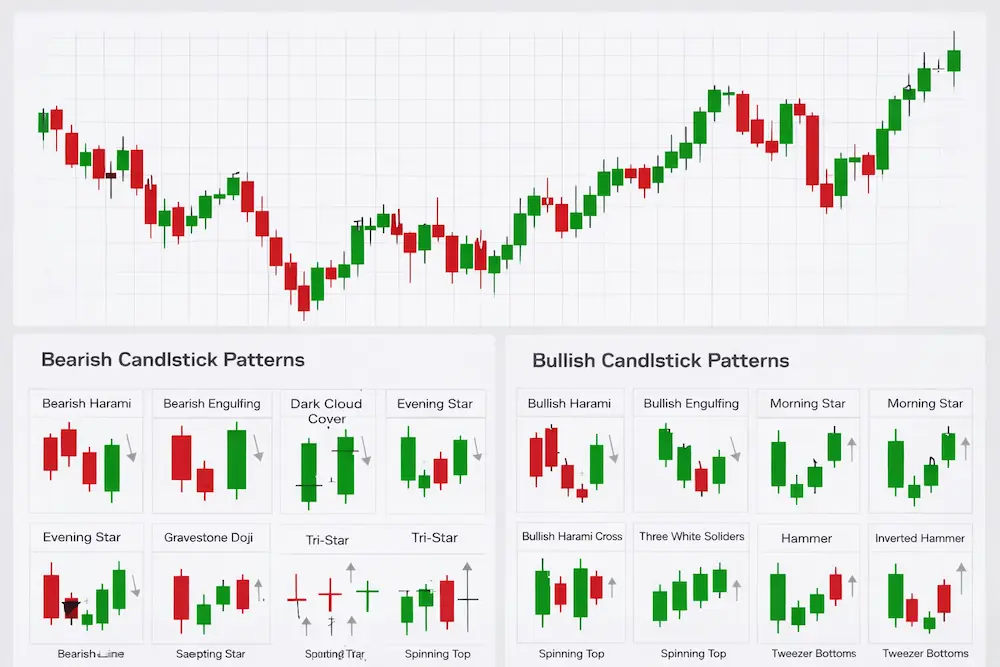 Stock price candlestick chart showing long-term price movement above smaller candlestick pattern examples for technical analysis comparison.