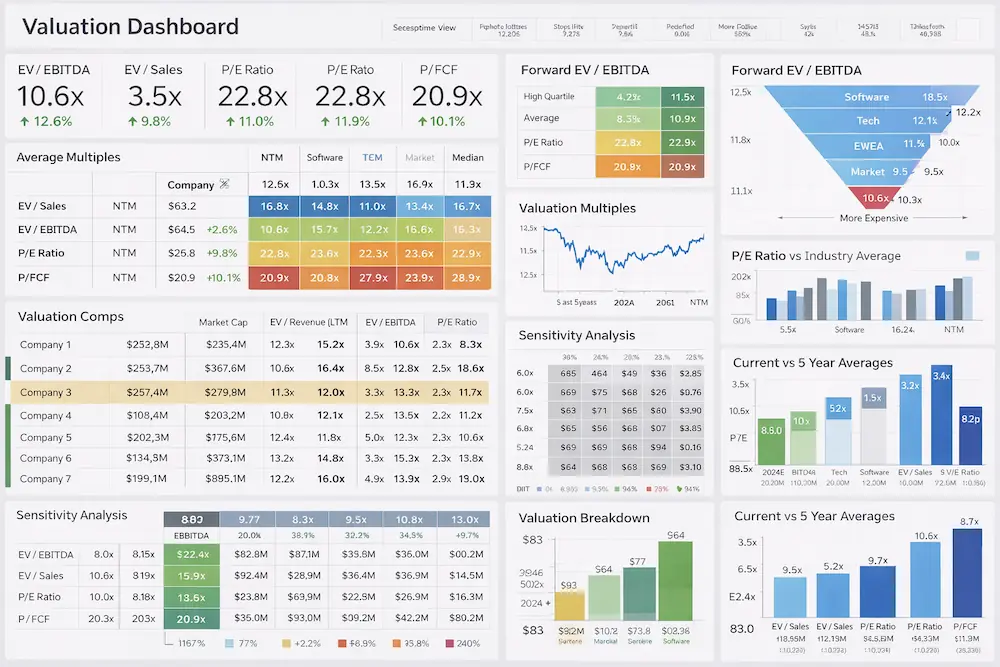 Comprehensive equity valuation dashboard displaying EV/EBITDA, P/E, EV/Sales and P/FCF multiples, peer comparison tables, sensitivity heatmaps, and historical valuation trend charts.