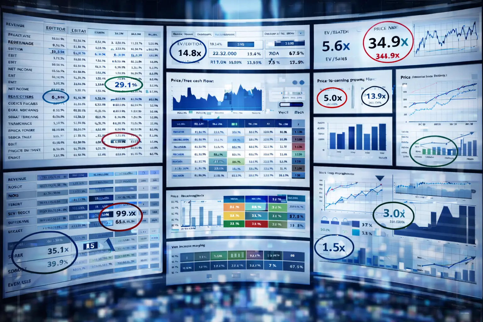 Monitor showing financial ratios used in stock evaluation and analysis with main ratios highlighted and flagged.