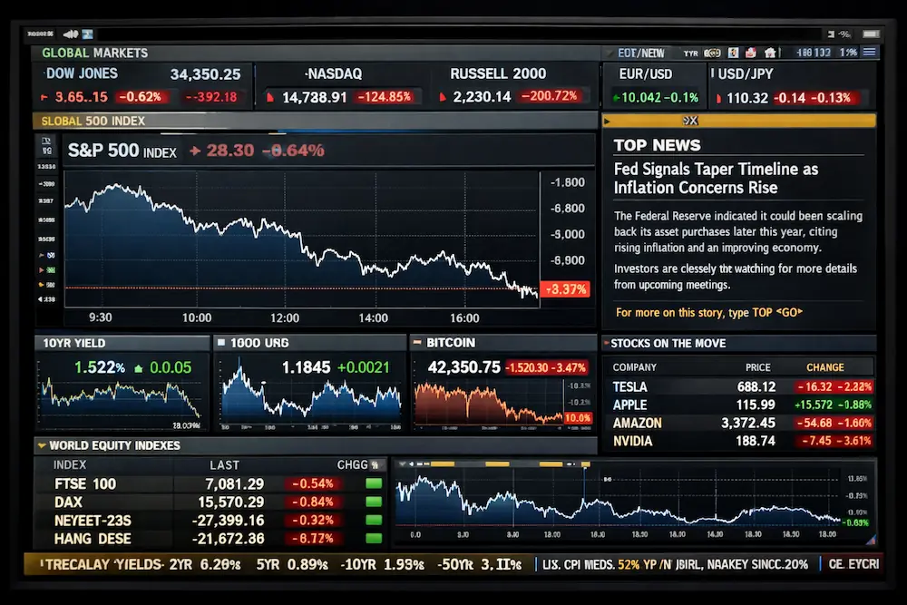 A quantitative dashboard showing financials data, business news, balance sheet items, cash flow metrics and a stock price chart.
