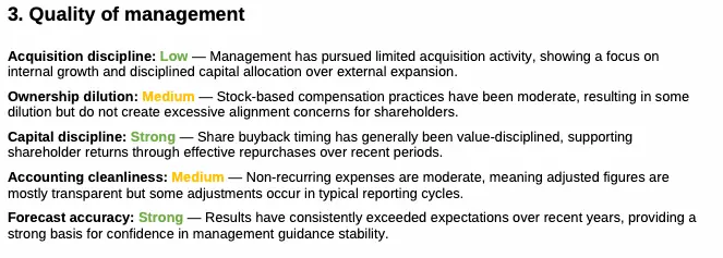 Management quality assessment showing ratings for Acquisition Discipline (Low), Ownership Dilution (Medium), Capital Discipline (Strong), Accounting Cleanliness (Medium), and Forecast Accuracy (Strong), indicating disciplined buybacks and reliable execution with moderate dilution and adjustments.