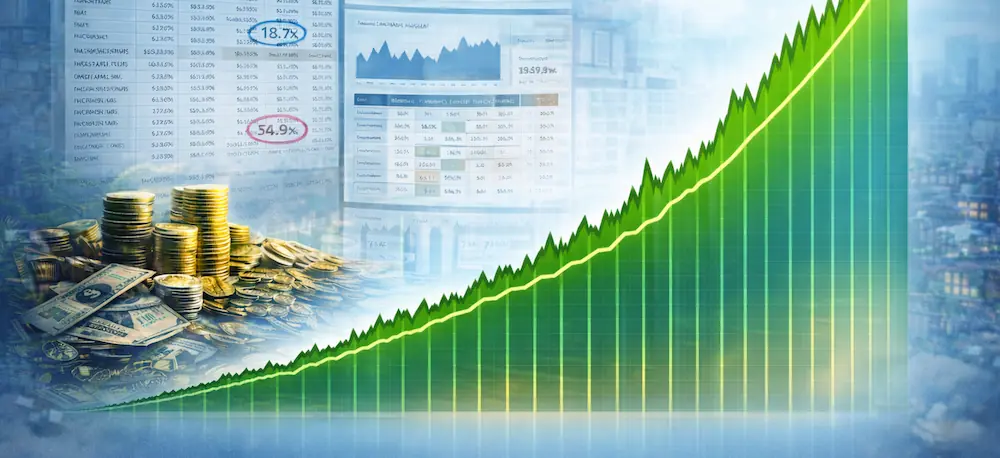 Graph showing exponential growth of a stock. In the background money keeps piling up and financial ratios are visible.