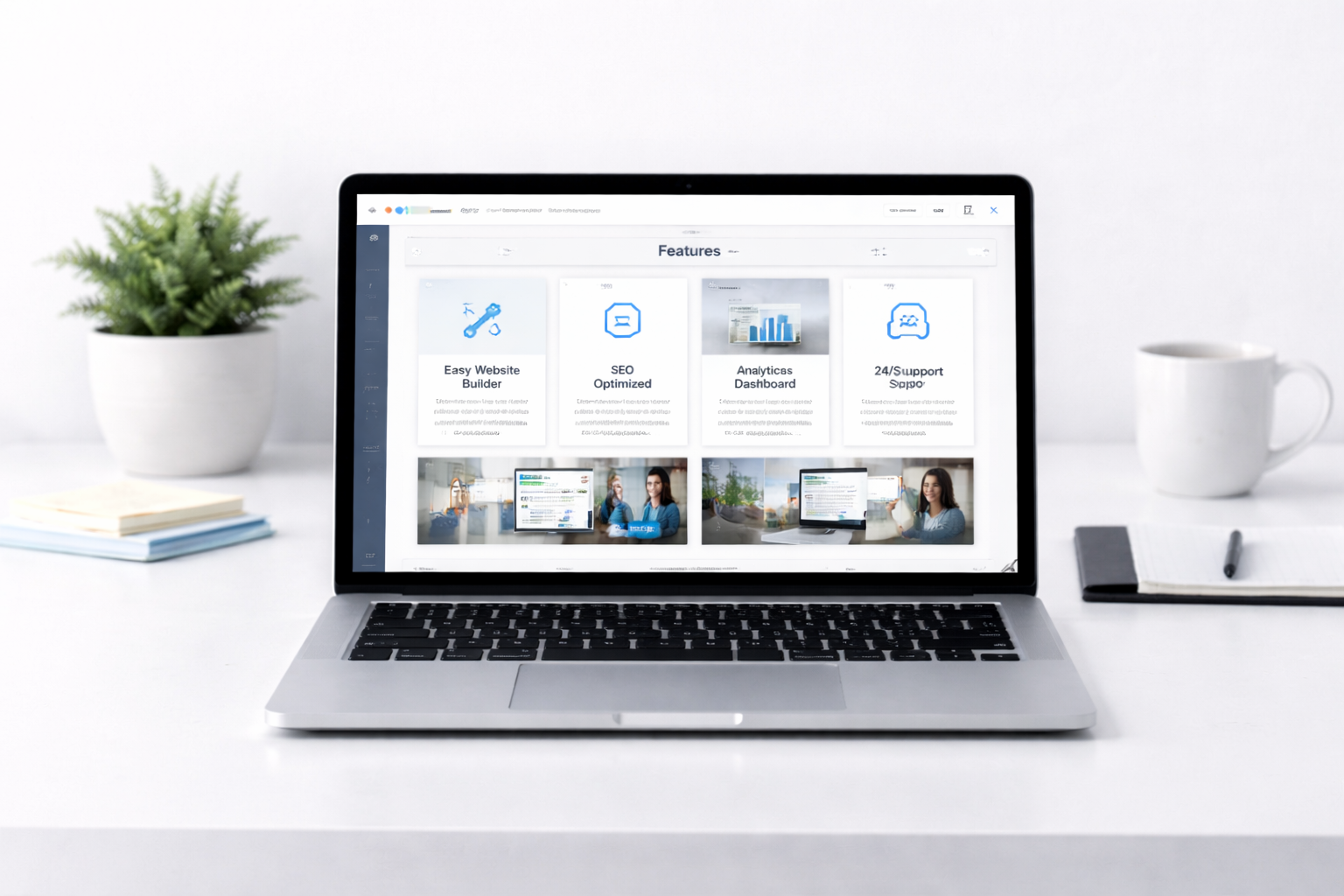 Laptop on a white desk displaying a website features page with sections for Easy Website Builder, SEO Optimized, Analytics Dashboard, and 24/7 Support.