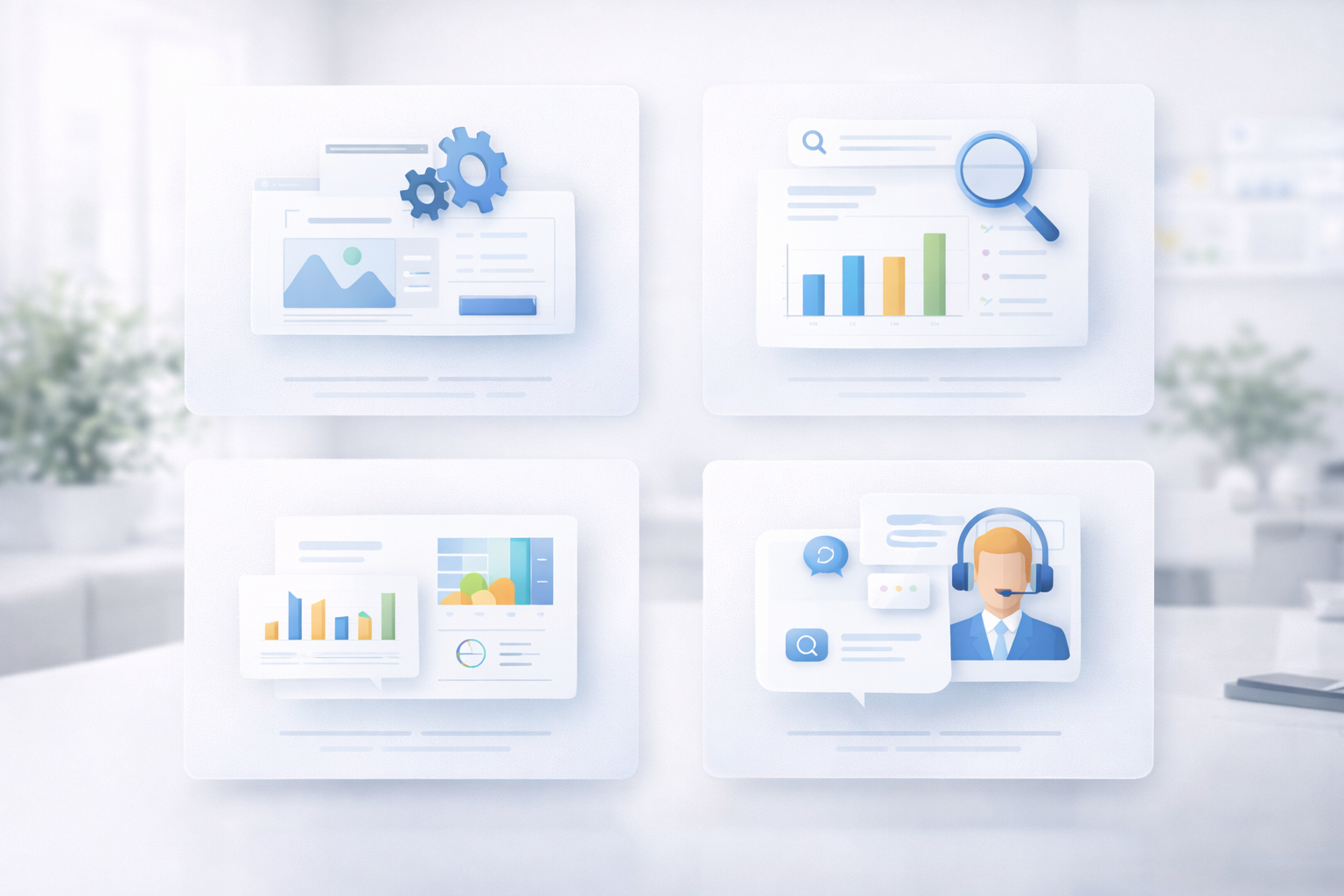 Four floating interface panels showing technical gear icons, bar charts with magnifying glass, data dashboards, and a customer support representative with headset.