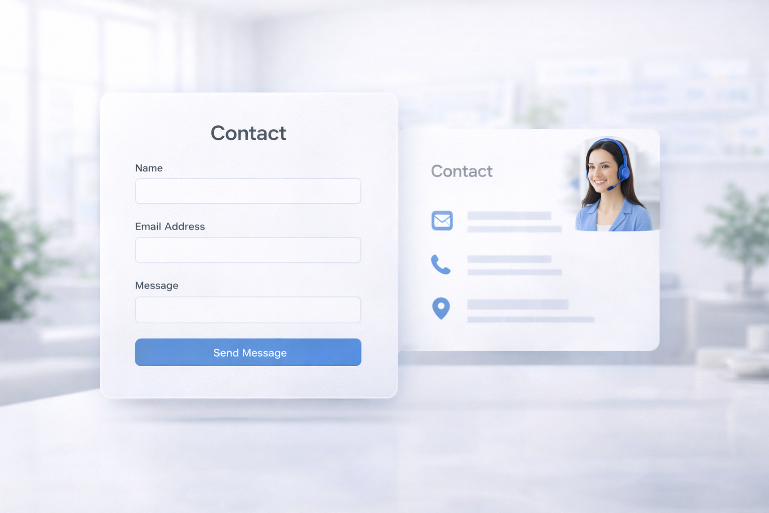 Contact form with fields for name, email, and message alongside a contact info panel showing icons for email, phone, location, and a smiling customer service representative wearing a headset.