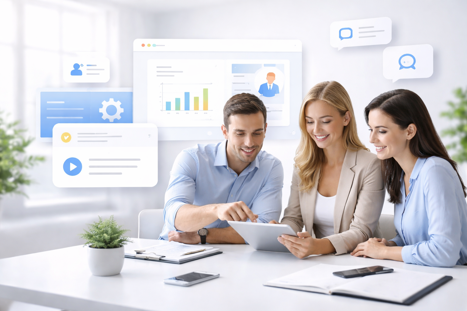 Three business professionals sitting at a desk looking at a tablet together with digital interface graphics floating above them.