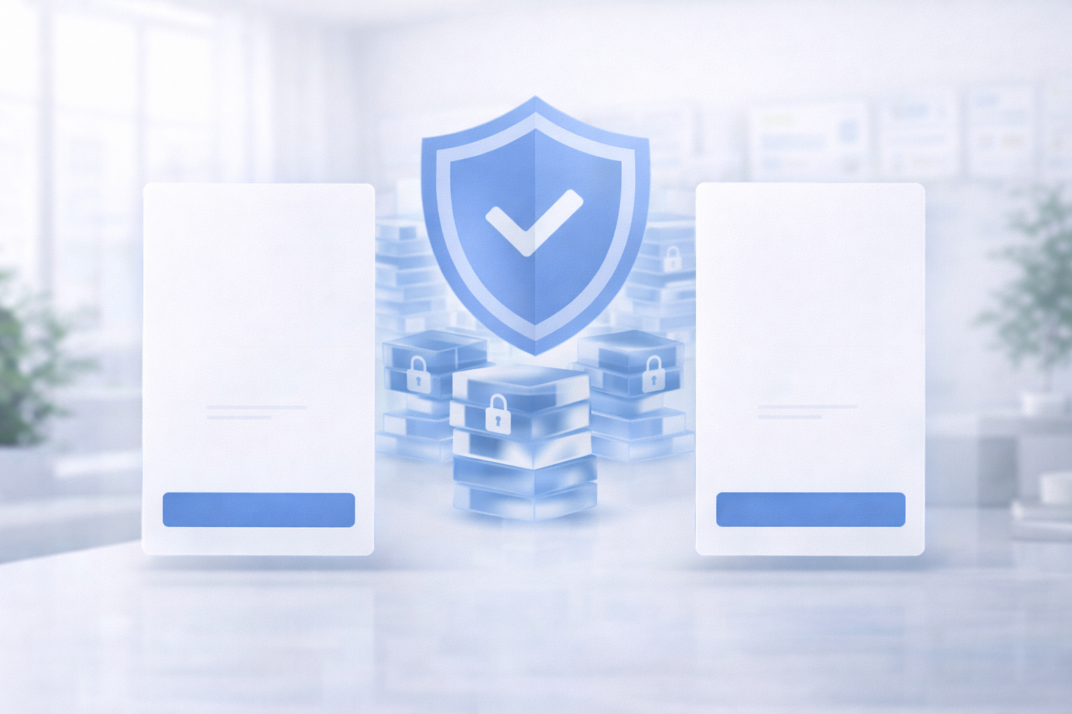Illustration of data security with stacks of protected data blocks and a shield with a checkmark in a bright office.