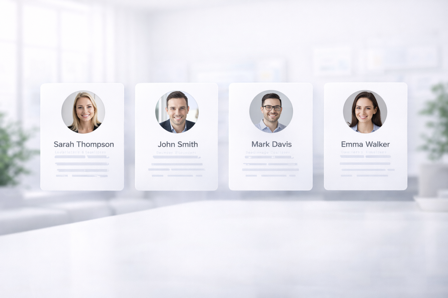 Four professional profile cards showing headshots and names: Sarah Thompson, John Smith, Mark Davis, and Emma Walker against a blurred office background.