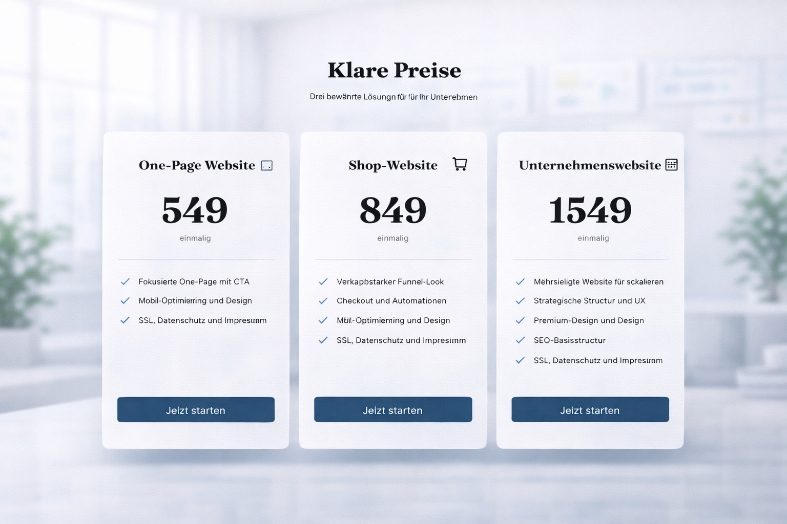 Pricing table with three website packages: One-Page Website for 549€, Shop-Website for 849€, and Unternehmenswebsite for 1549€, each listing features and a 'Jetzt starten' button.