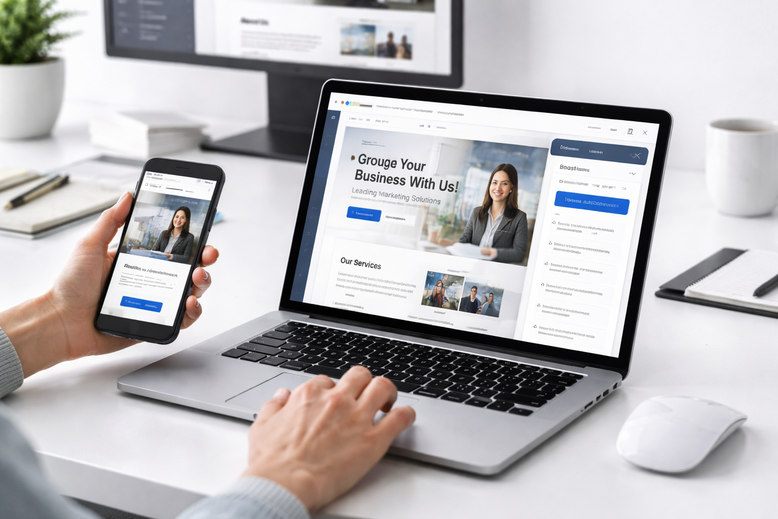 Person using a laptop and holding a smartphone displaying a marketing website with a woman in a gray blazer on both screens.