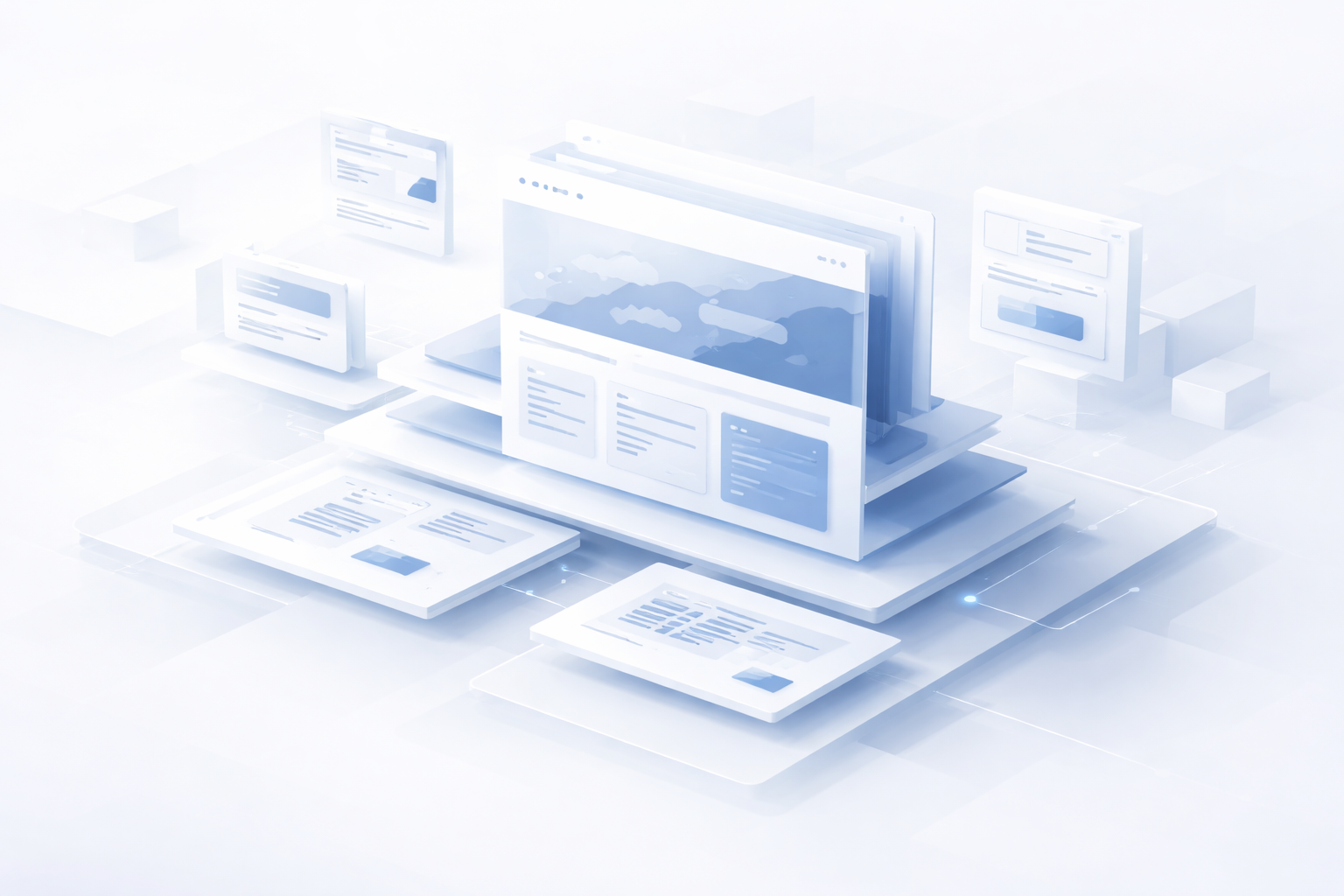 3D illustration of layered digital screens and web page interfaces floating above a translucent surface with connecting lines.