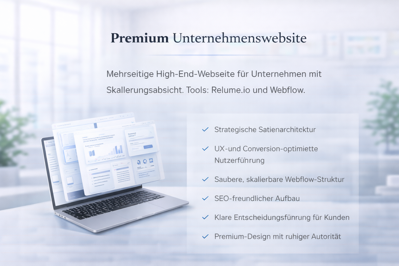 Laptop displaying floating web pages next to German text describing a premium multi-page business website with features like strategic site architecture, SEO-friendly setup, and premium design.