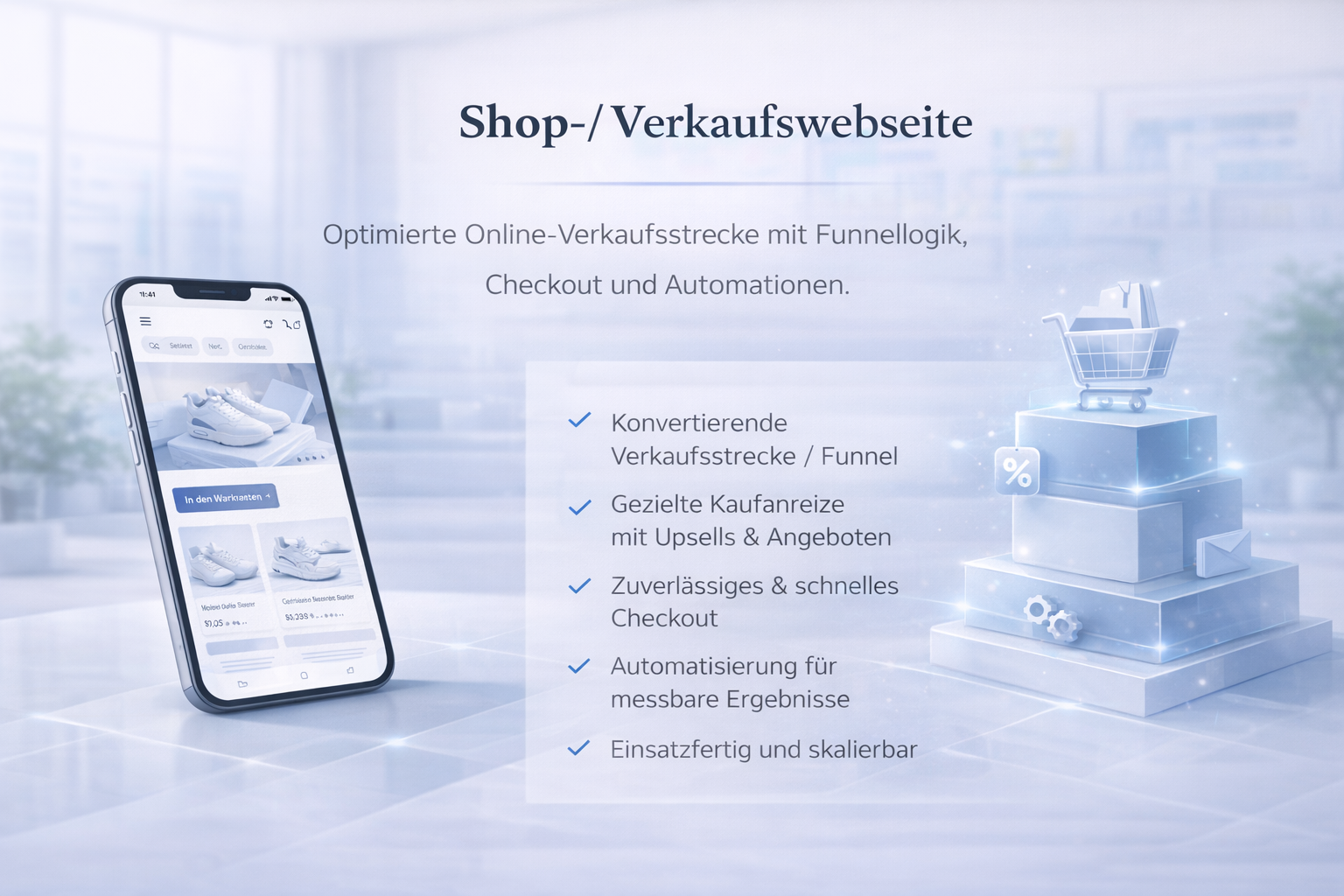 Digital concept of an e-commerce website showing a smartphone with a shoe shopping app and a 3D illustration of stacked boxes with a shopping cart, percentage symbol, envelope, and gears highlighting optimized online sales funnels and automation features.