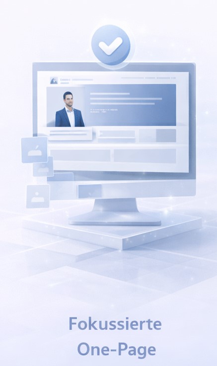 Digital illustration of a computer monitor displaying a professional profile page with a checkmark icon above and smaller profile-related icons beside it, captioned 'Fokussierte One-Page'.