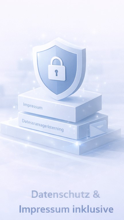 3D shield with a padlock icon standing on two books labeled 'Impressum' and 'Datessrraegerkerterning' against a light background with sparkling effects.