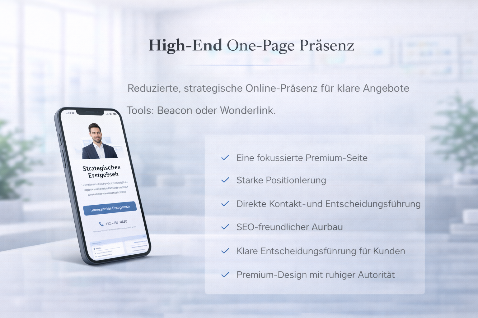 Smartphone displaying a strategic one-page website with text in German outlining benefits like focused premium page, strong positioning, direct contact, SEO-friendly structure, clear customer guidance, and premium design.