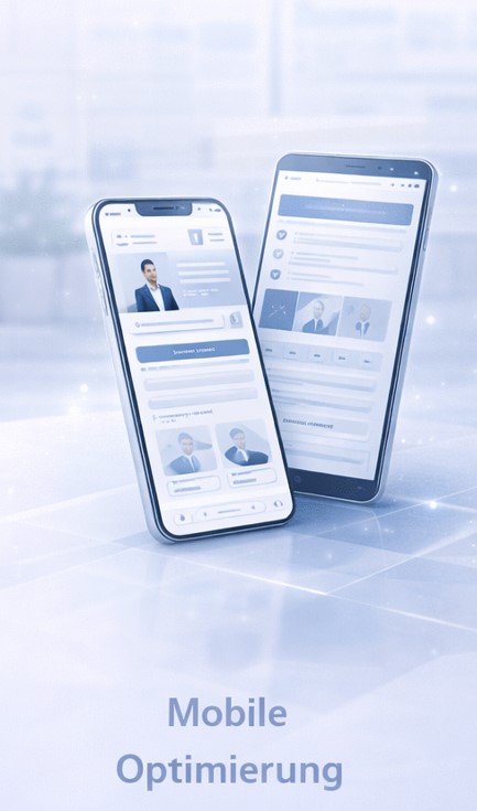 Two smartphones displaying professional profile and content layouts on a tiled surface with the text 'Mobile Optimierung' below.