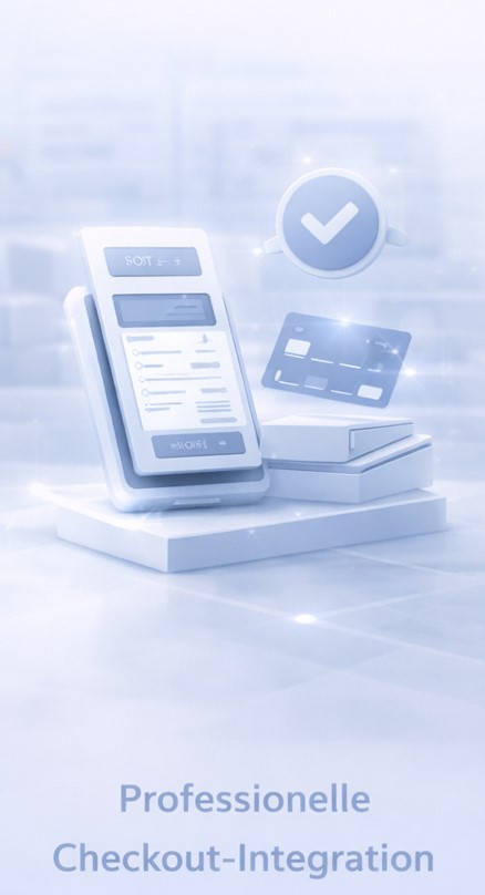 3D illustration of a mobile payment terminal with a floating credit card and a checkmark icon above, representing professional checkout integration.