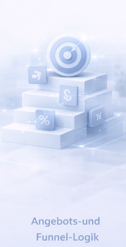 White 3D stepped platform with a target and arrow on top and business icons around, captioned 'Angebots-und Funnel-Logik'.