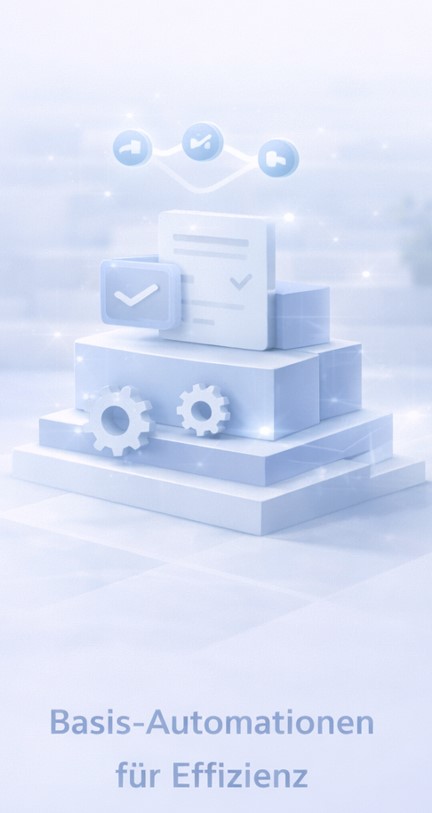 3D illustration of stacked blocks, gears, and checkmark icons symbolizing automation and efficiency.