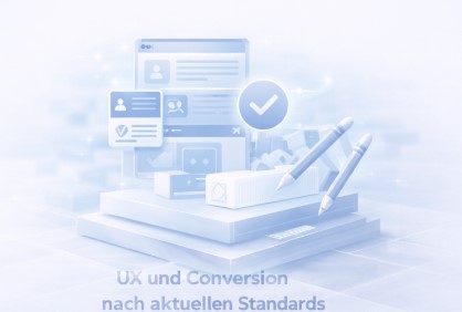 Digital 3D illustration of UX design elements with checkmark, user profiles, and pencils on stacked platforms.