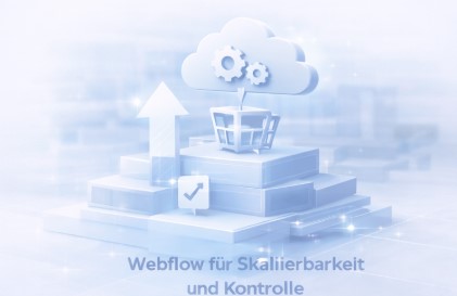 3D rendering of cloud with gears, upward arrow, and checkmark on stacked blocks symbolizing Webflow scalability and control.