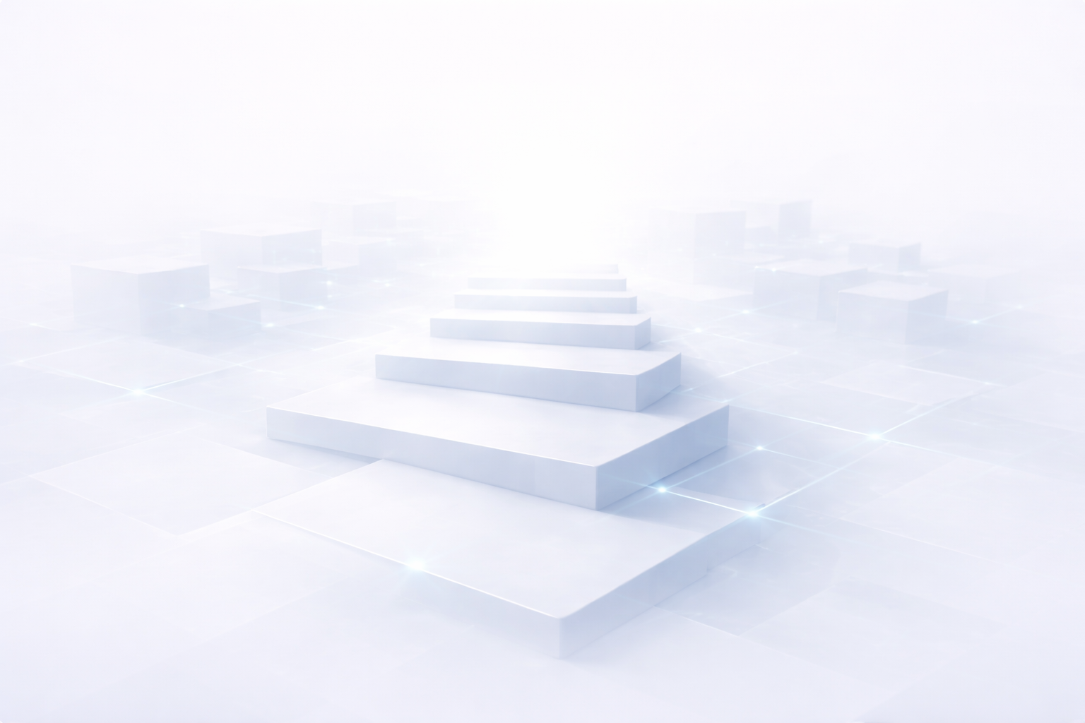 Abstract futuristic white steps ascending into a bright light with floating cubes and glowing grid lines in a misty environment.