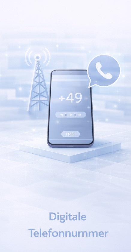 3D illustration of a smartphone displaying a German phone number input screen with a wireless signal tower and a WhatsApp icon nearby, captioned 'Digitale Telefonnummer'.