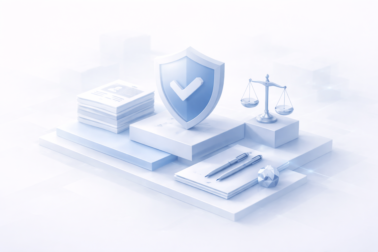 3D illustration of a shield with a checkmark, a stack of documents, scales of justice, pens, and a gavel on a layered platform.