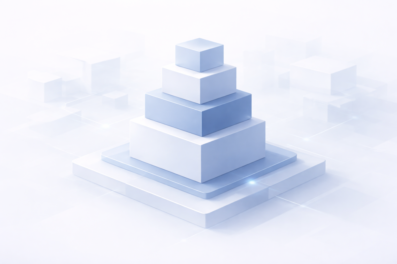 3D illustration of a tiered pyramid with five stacked rectangular blocks in varying shades of blue and white on a light background.