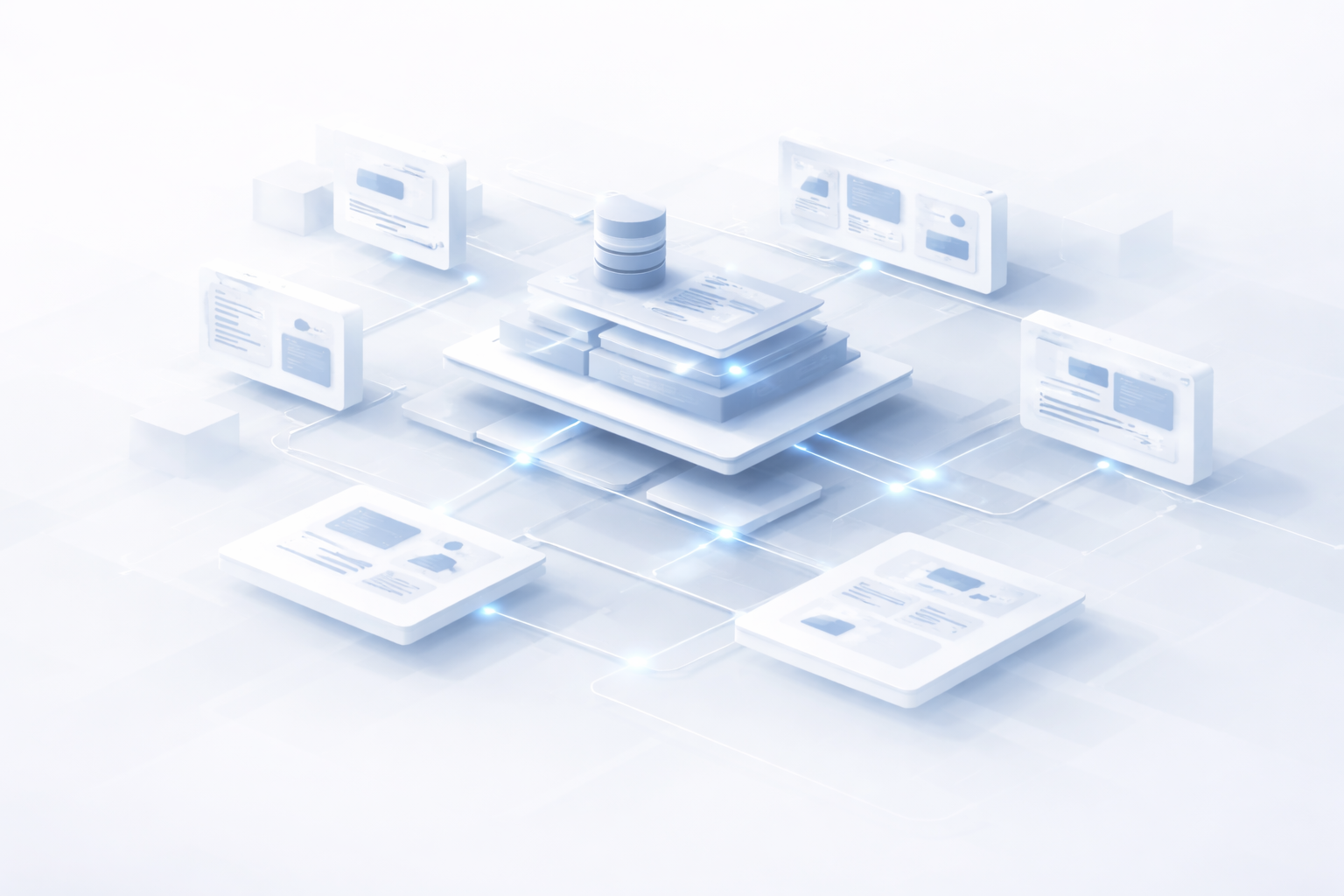 3D illustration of a central server or database connected to multiple floating UI panels, representing data integration or networked applications.