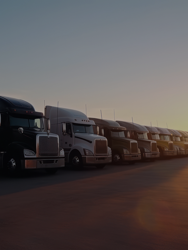 Row of semi-trailer trucks parked outdoors at sunset with clear sky.