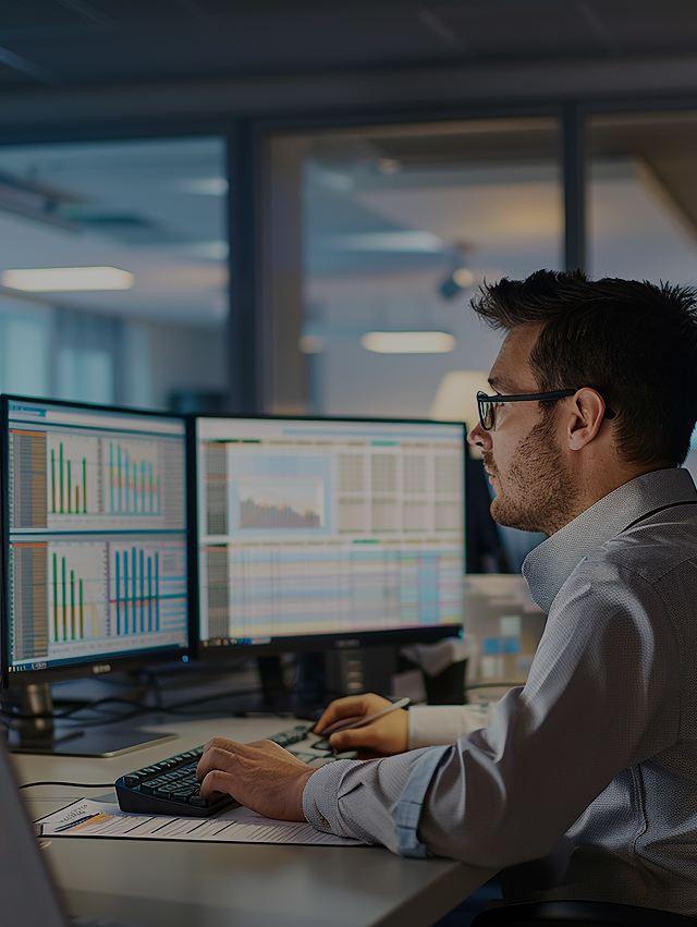 Man wearing glasses working on a dual-monitor computer setup displaying charts and data in an office.