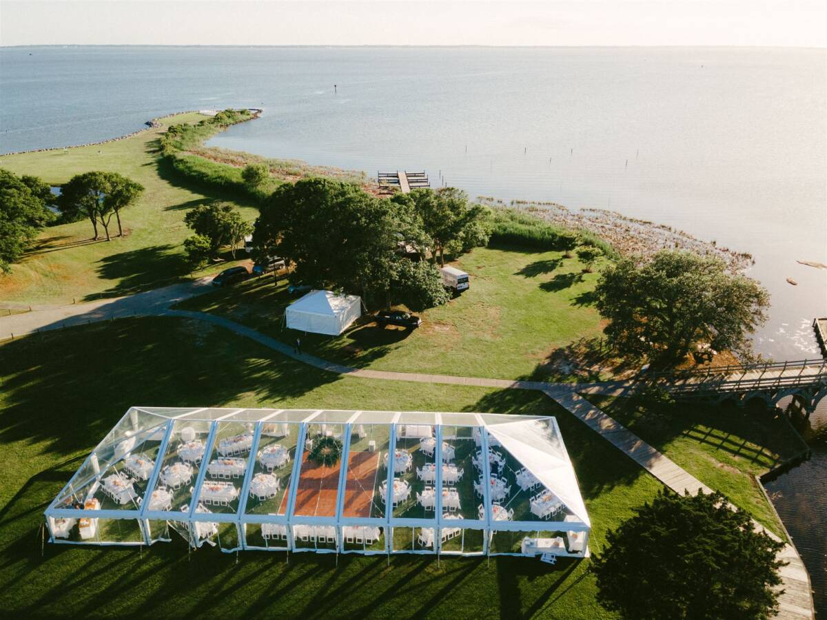 Aerial View of clear top tent on the waterfront