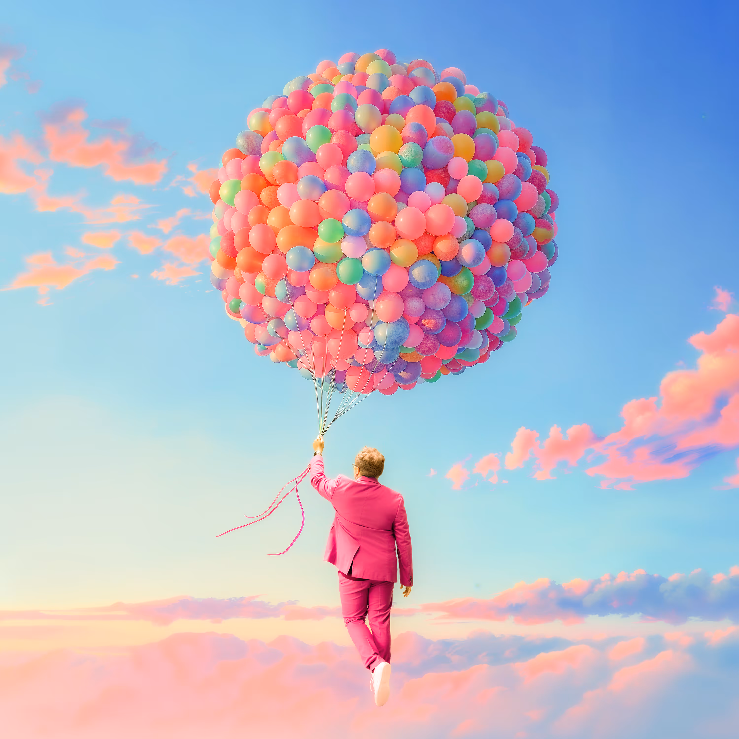 Jack Watkins, Wonderland, album artwork. Person in a pink suit floating in the sky while holding a large bunch of colorful balloons.