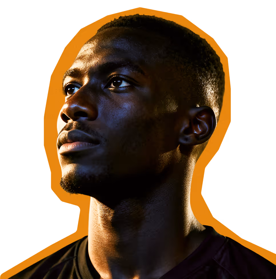 Close-up of a thoughtful young man looking upward with a subtle orange outline around his silhouette.