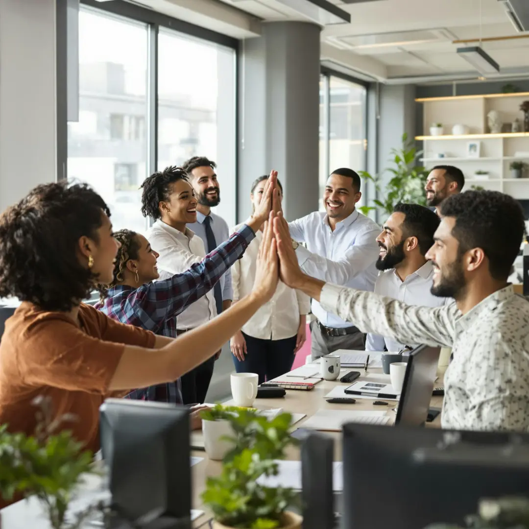 A diverse group of office colleagues smiling and giving a collective high-five in a modern workspace.