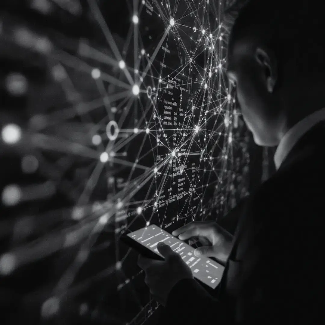 Person using a tablet with a digital network interface of interconnected nodes and data points in the background.