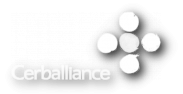 Cerballiance logo with white text and abstract circular shapes on black background.