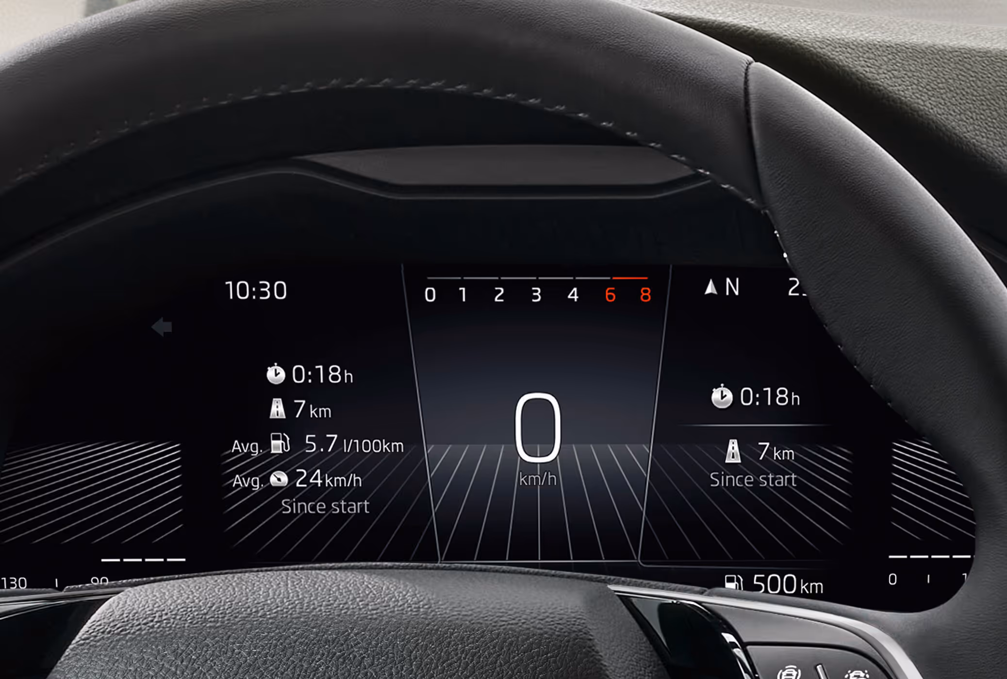 Detailansicht des Lenkrads mit zentralem Škoda Schriftzug im Škoda Kamiq Balance. Dahinter befindet sich das digitale Kombiinstrument, das aktuelle Fahrinformationen anzeigt. Zu sehen sind unter anderem die digitale Geschwindigkeitsanzeige, die Fahrzeit sowie der Durchschnittsverbrauch.