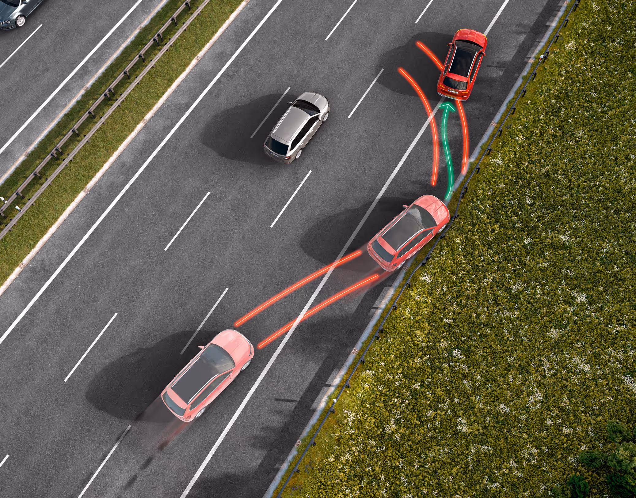 Animation der Multikollisionsbremse: Ein roter Škoda Kamiq Balance droht nach einer Kollision unkontrolliert auf eine andere Fahrspur zu geraten. Leuchtende rote Linien visualisieren die gefährliche Bahn, während eine grüne Linie den Eingriff der Multikollisionsbremse darstellt. Das System bremst das Fahrzeug automatisch ab und bringt es sicher zum Stehen, um eine Folgekollision zu verhindern.