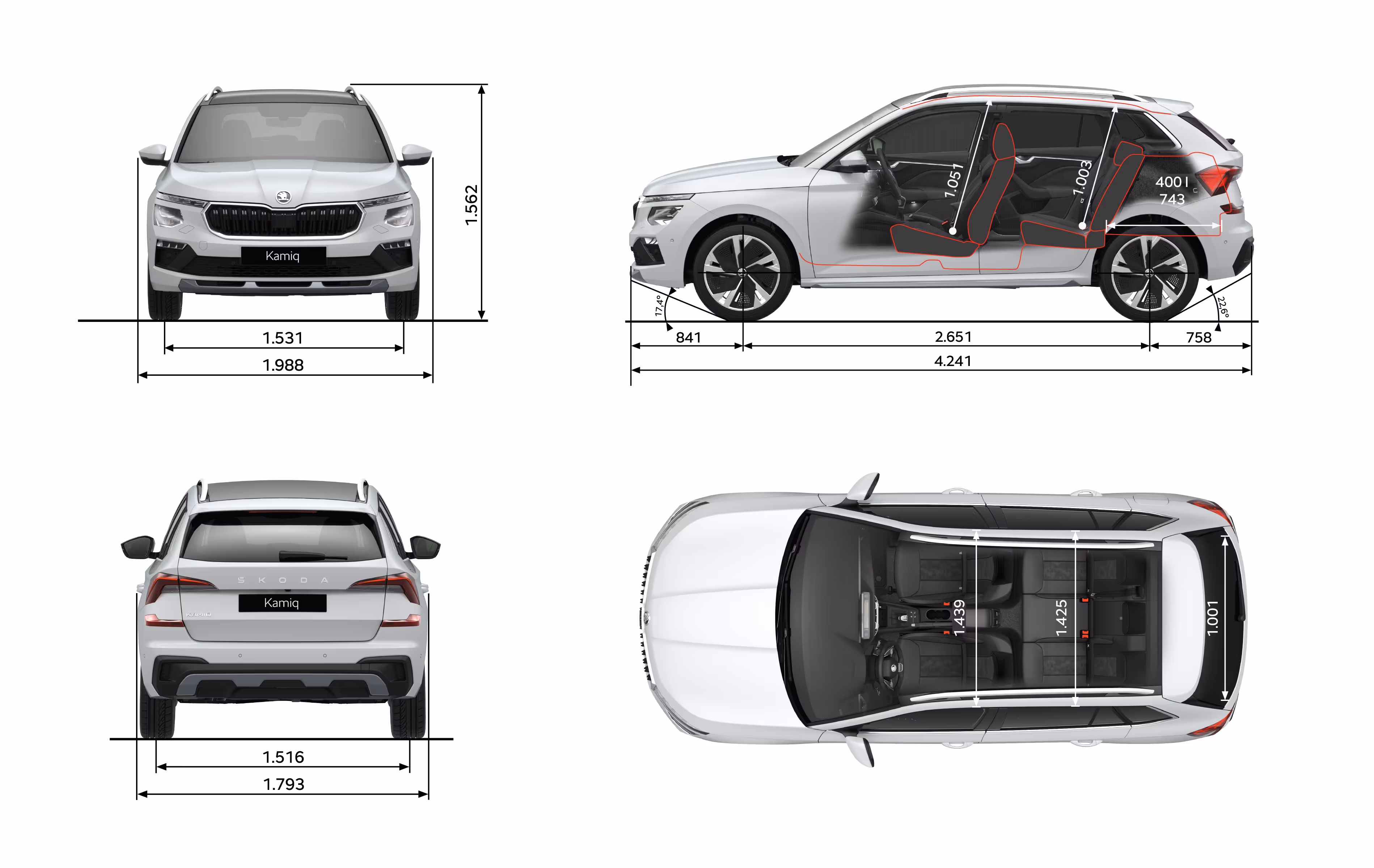 Grafische Darstellung eines Škoda Kamiq Balance aus viererlei Perspektiven: Front-, Heck und Seitenansicht sowie Vogelperspektive. Die Abmessungen des Fahrzeugs werden in den verschiedenen Abbildungen dargestellt.