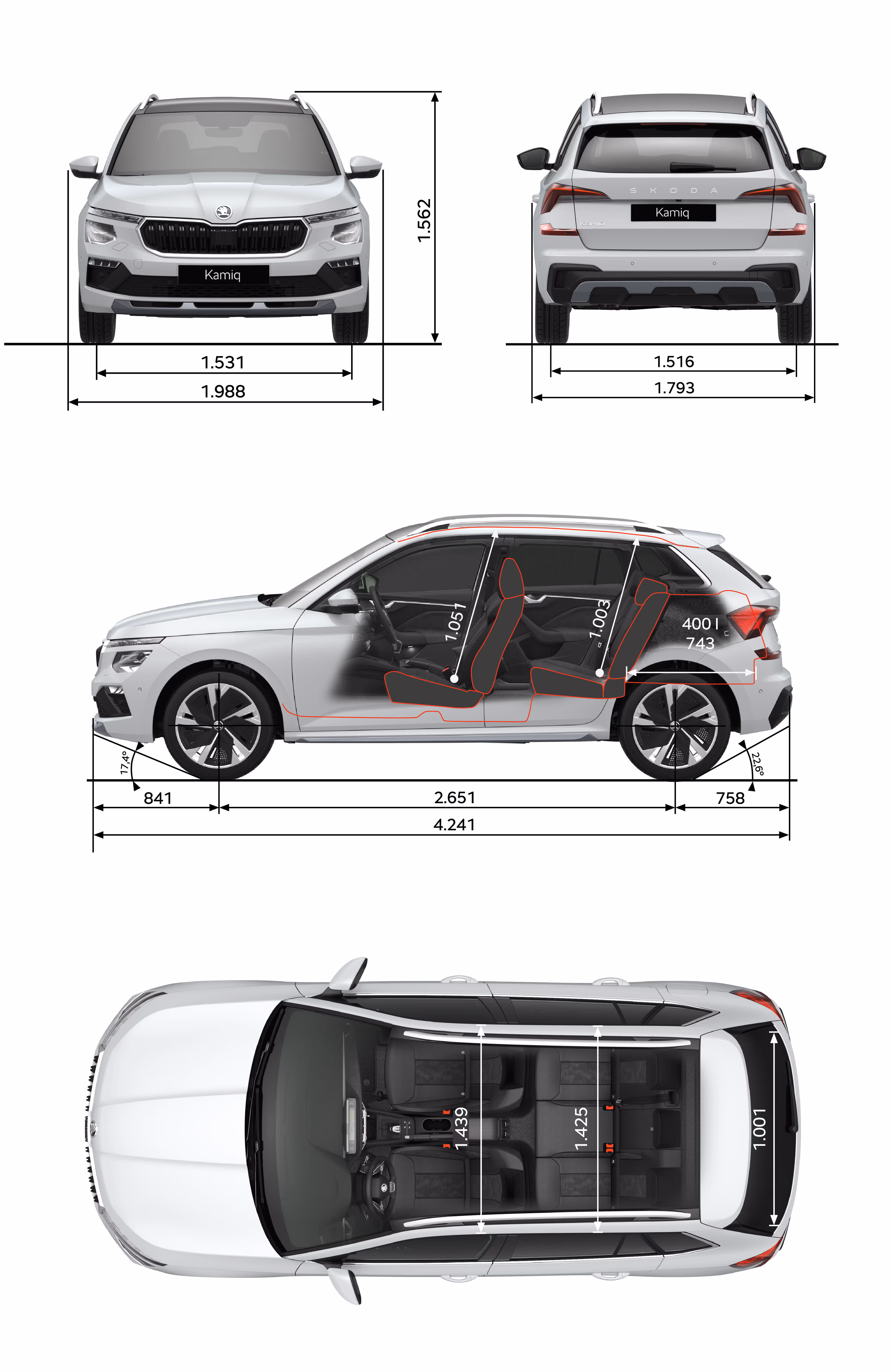 Grafische Darstellung des Škoda Enyaq in der Farbe Olibo-Grün Metallic aus viererlei Perspektiven: Front-, Heck und Seitenansicht sowie Vogelperspektive. Die Abmessungen des Fahrzeugs werden in den verschiedenen Abbildungen dargestellt.