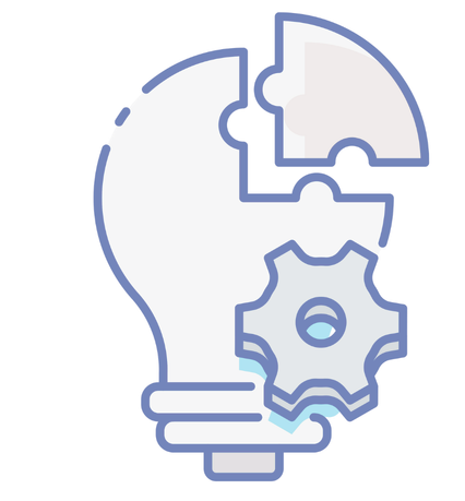 Illustration of a lightbulb with a puzzle piece missing at the top and a gear icon overlapping the lower right side, symbolizing ideas and problem-solving.