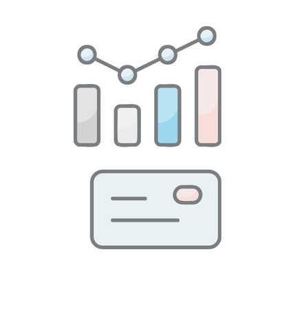 Icon of a bar chart with four colored bars and a line graph above, above a stylized credit card.